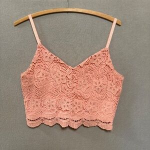 Active USA Pink Lace Cropped Coquette Cottagecore Boho Scalloped Cami Women S
